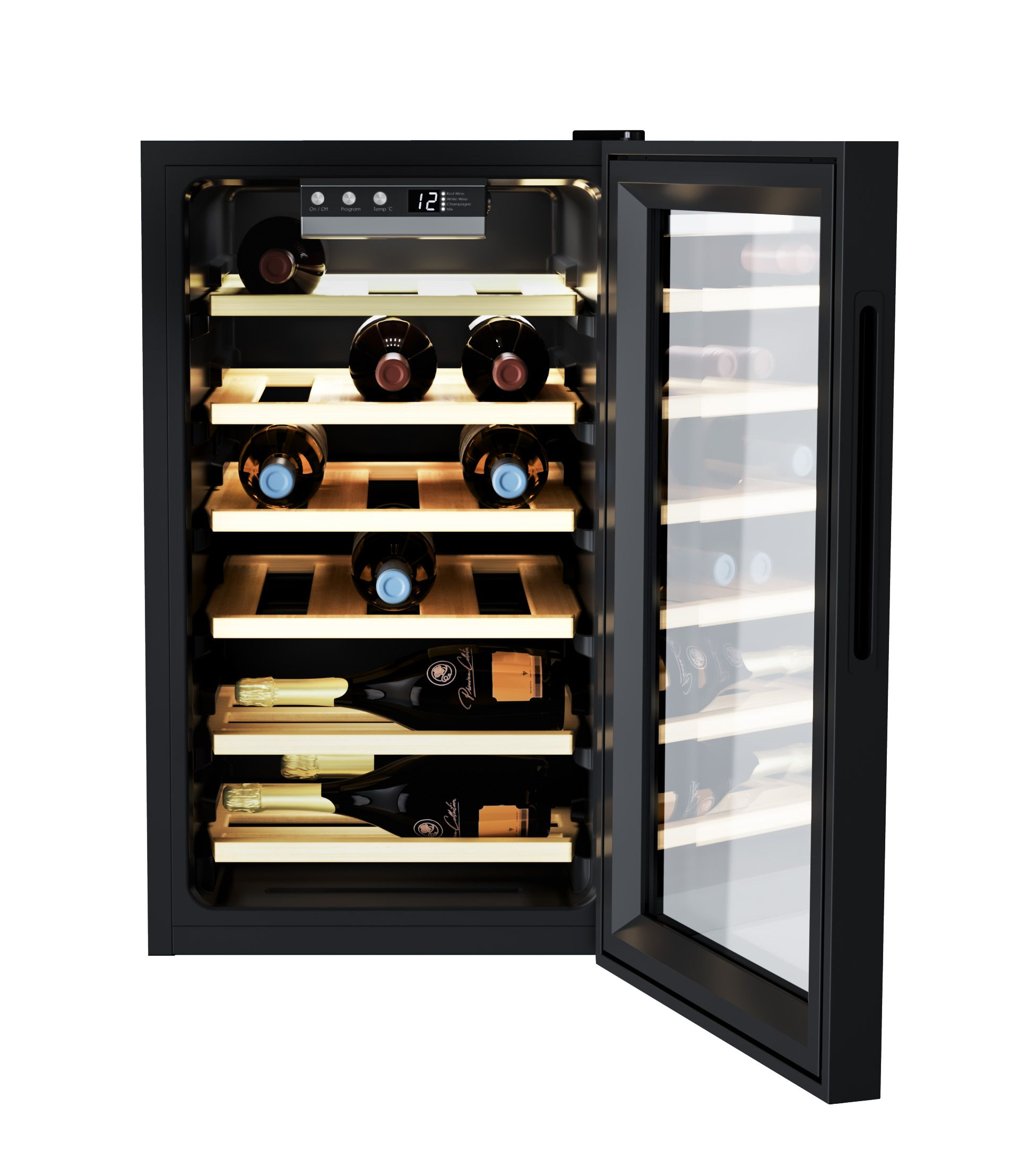 Frigorifero per vino con porta aperta, ripiani con bottiglie, pannello di controllo in alto, luce.