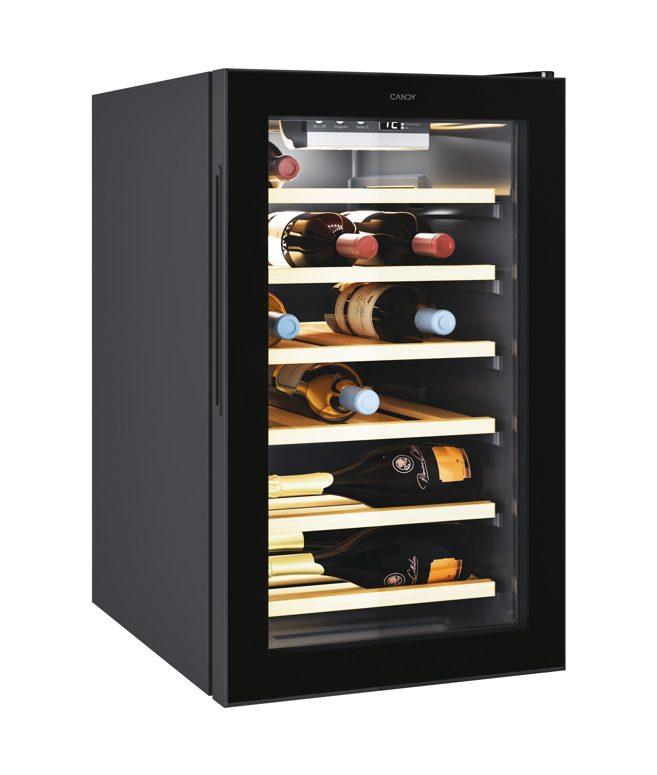 Una cantinetta nera con porta in vetro, piena di bottiglie di vino, su sfondo bianco.
