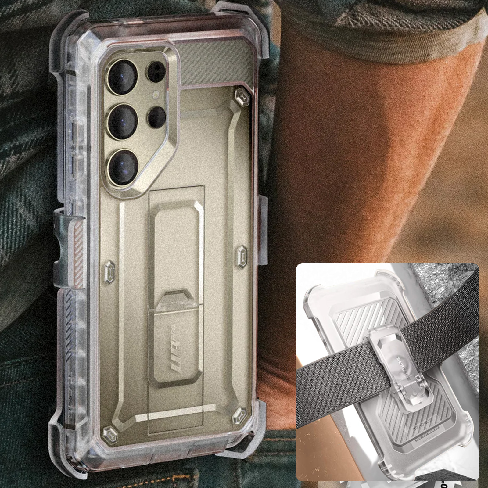 Transparente Schutzhülle für ein Telefon mit Gürtelclip. Die Hülle zeigt den Kamerabereich des Telefons.