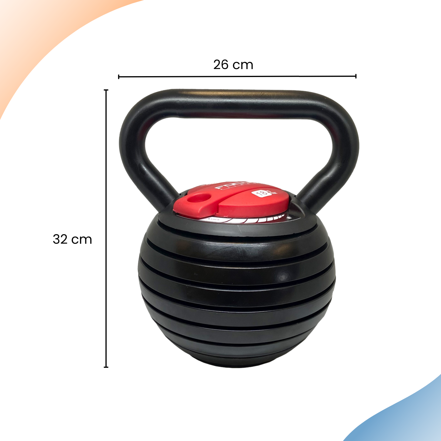 A black and red adjustable kettlebell with dimensions 26x32 cm.