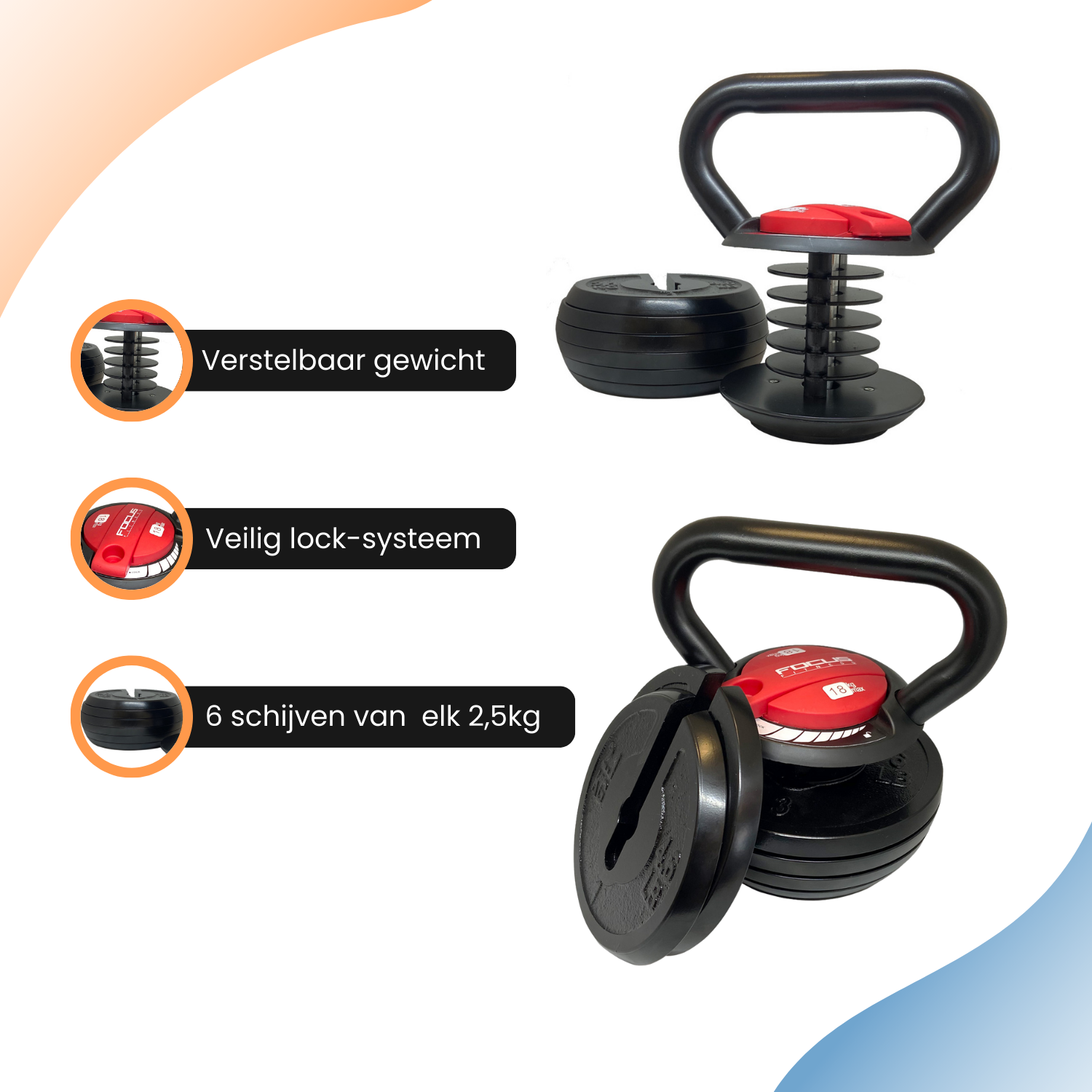 Adjustable kettlebell set with weights and instructions.