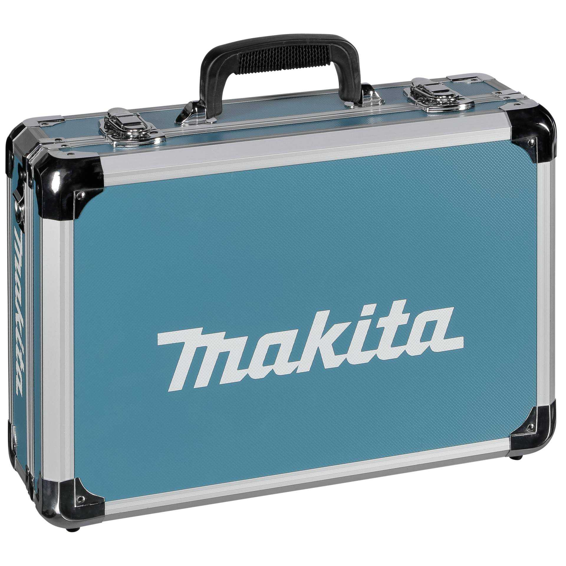 Valigetta porta attrezzi Makita, blu con logo Makita bianco, manico nero e bordi metallici.