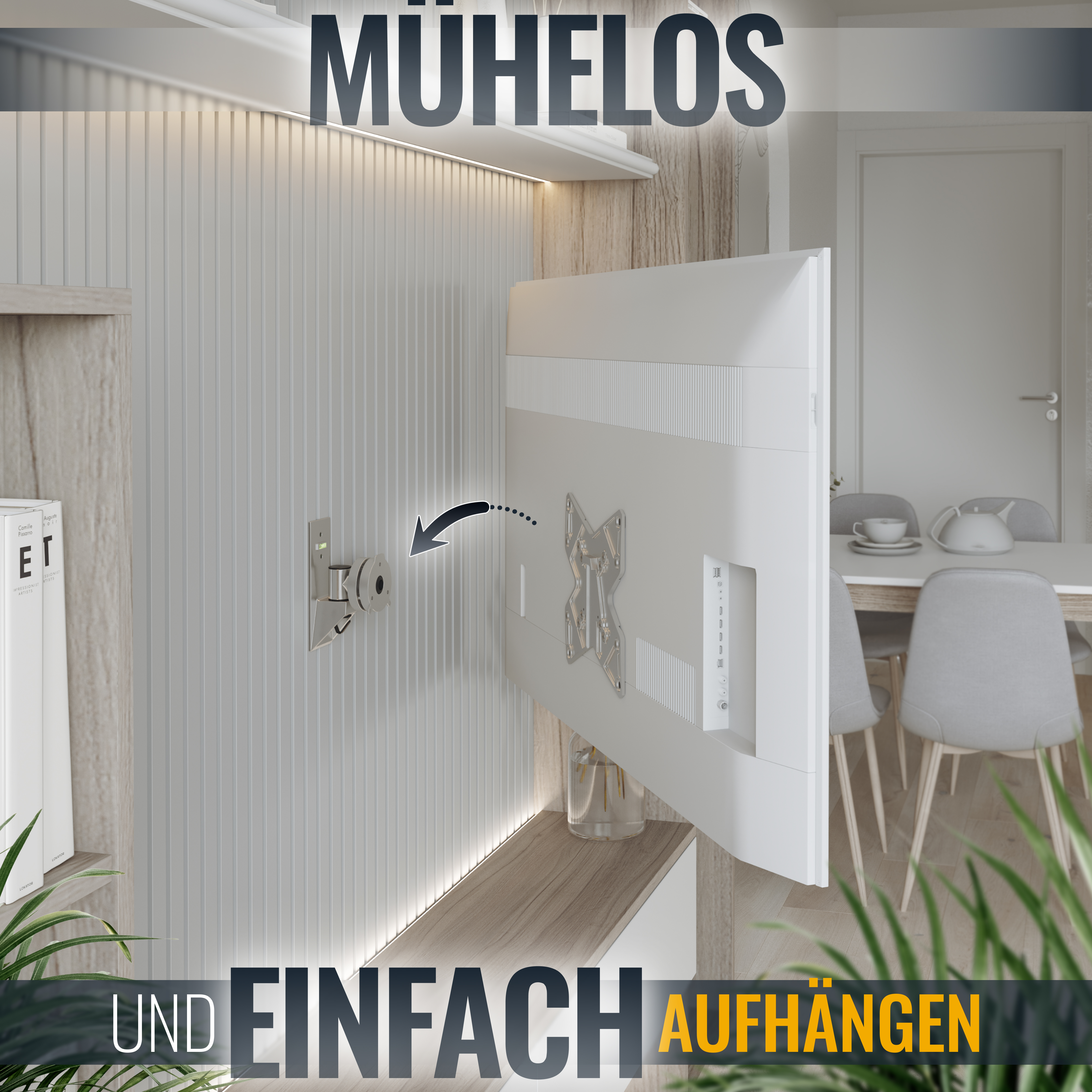 Eine weiße Wand mit einem daran montierten Fernseher, der Fernseher ist geöffnet. Er ist an einer Wand und einem Schrank montiert.