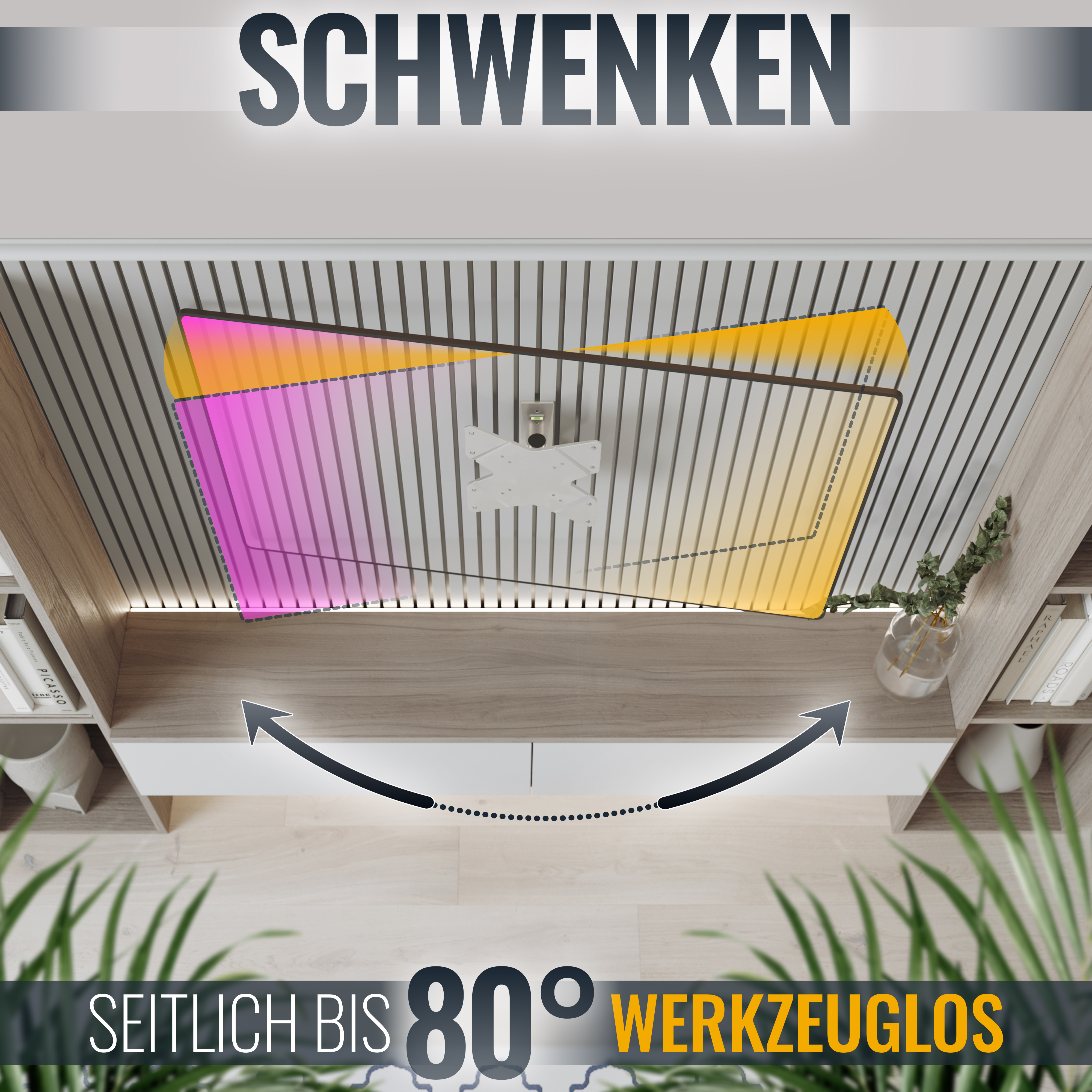Eine TV-Halterung mit Pfeil, der 80° Schwenkbereich anzeigt. Der Fernseher wird in verschiedenen Positionen gezeigt.