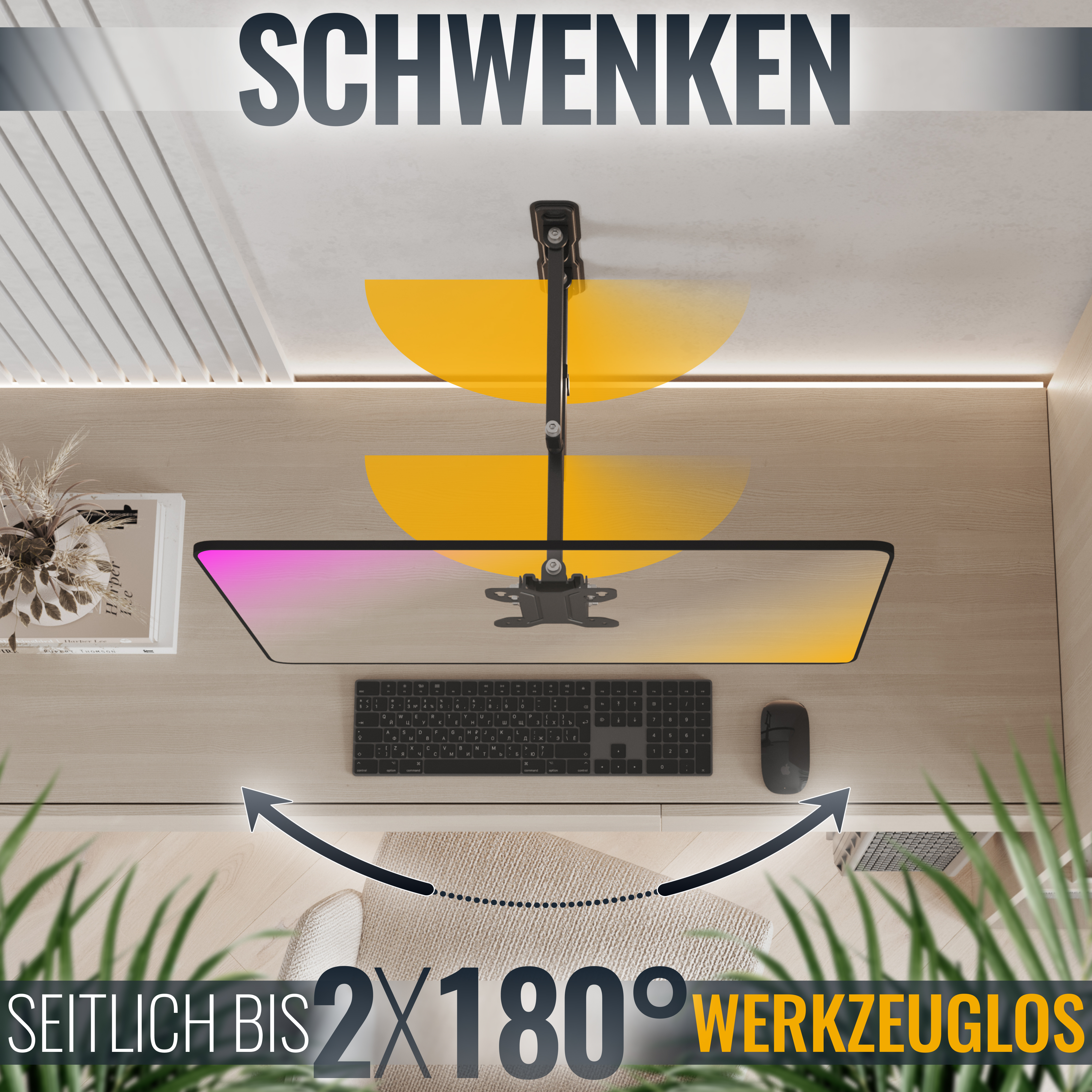 Ein Monitorhalter. Der Monitor steht auf einem Holzschreibtisch, Text: seitlich 2x180° werkzeuglos.