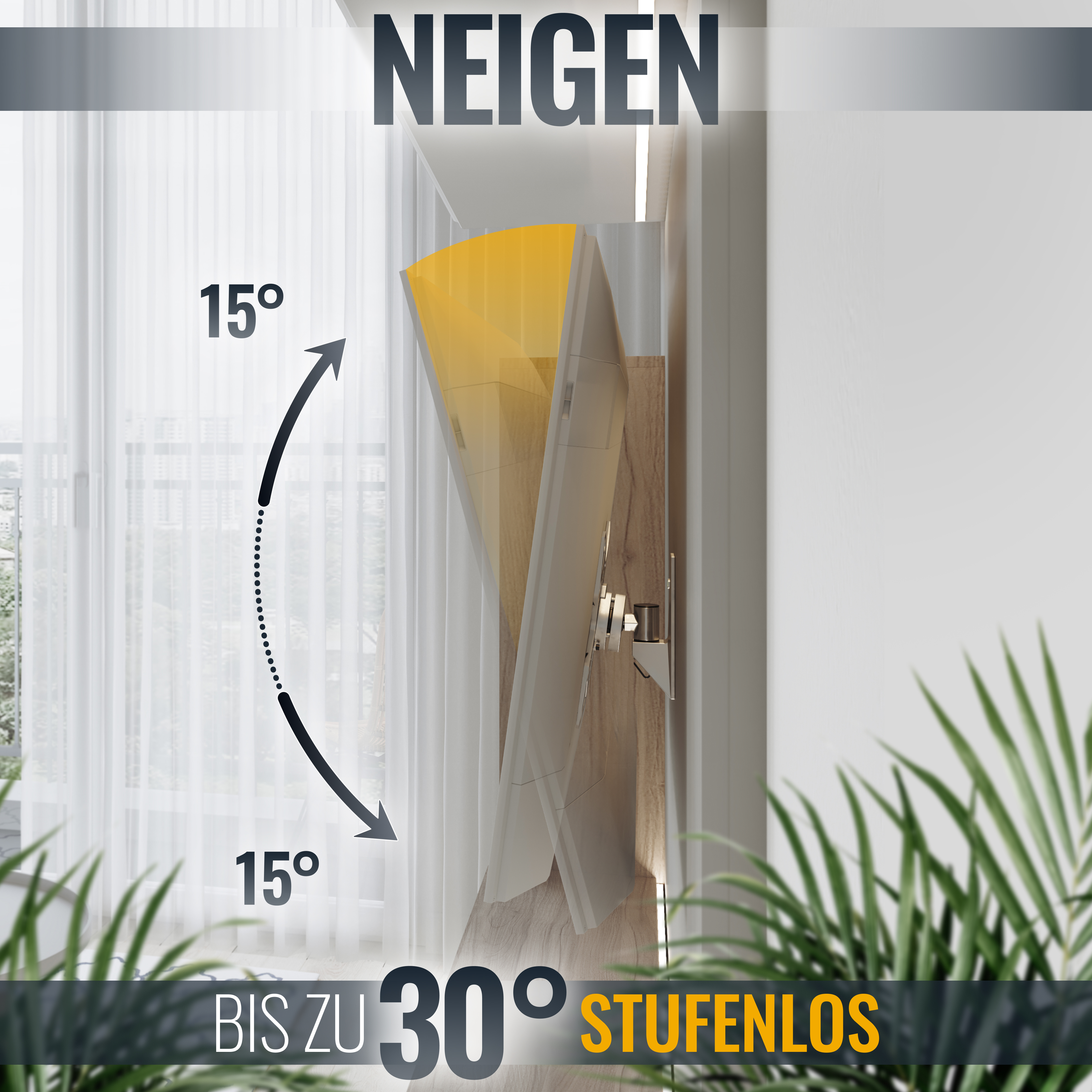 Ein Diagramm, das einen bis zu 30 Grad neigbaren Fernsehbildschirm zeigt.