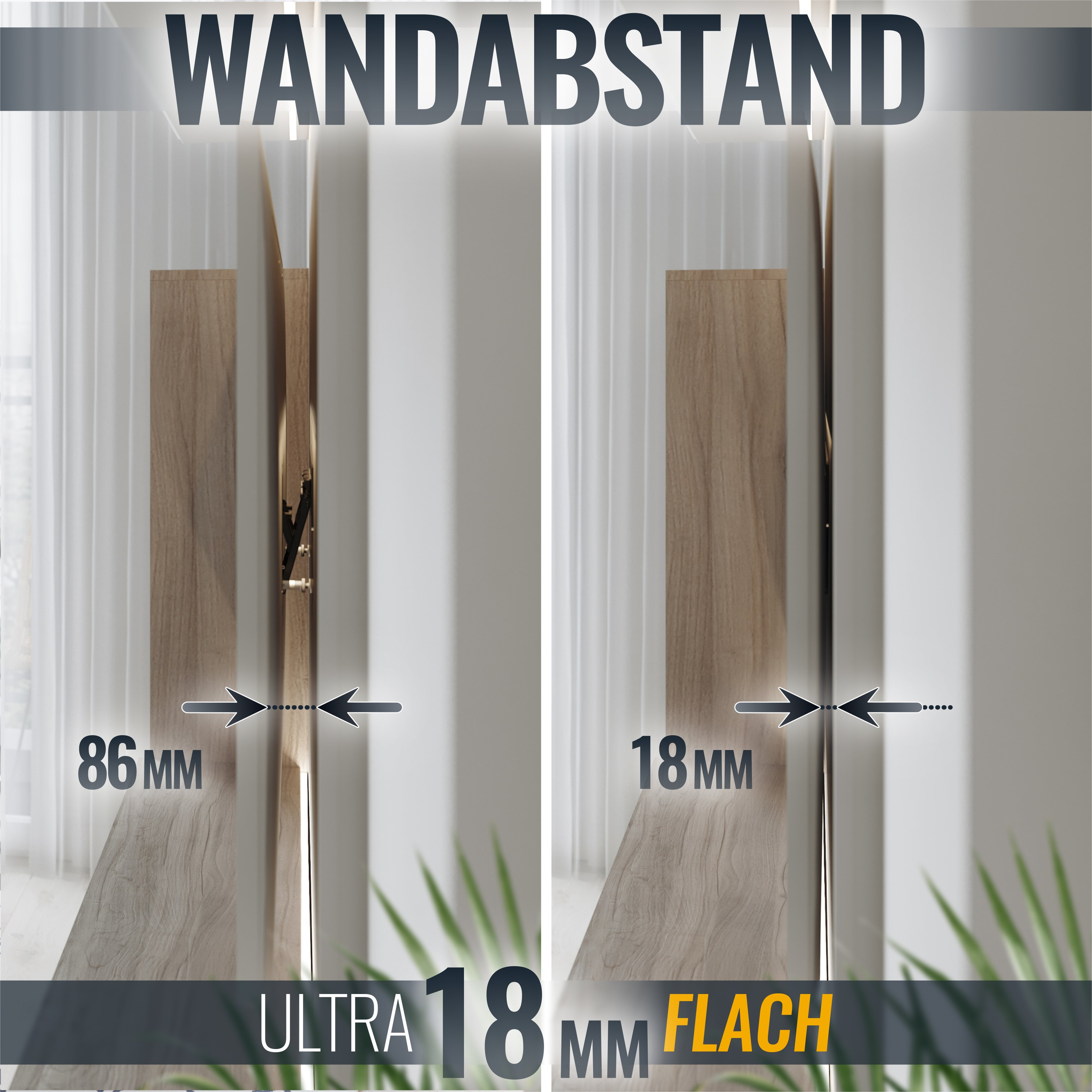 Bild zeigt den Wandabstand eines Schranks, vergleicht 86mm und 18mm.