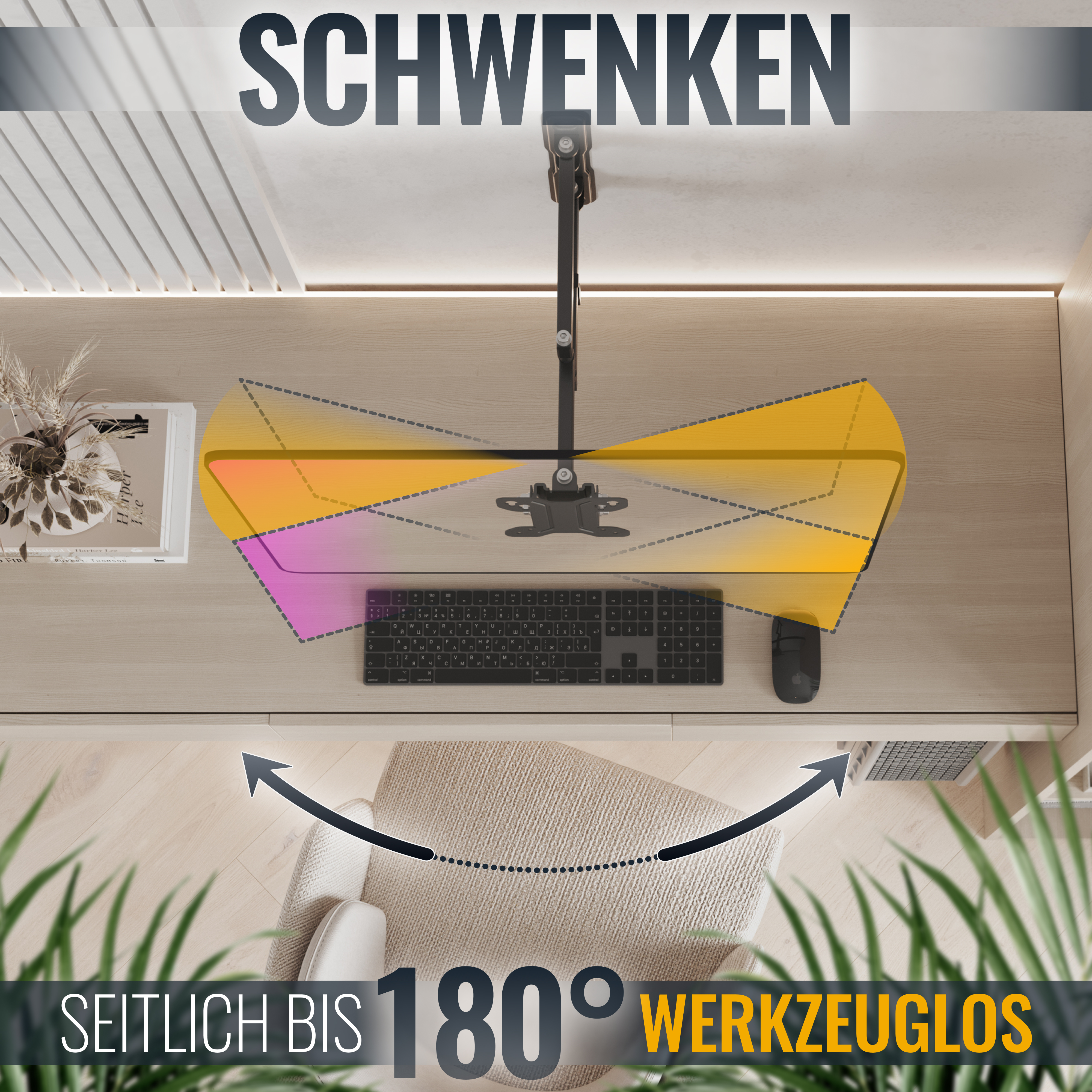 Arbeitsplatz mit Monitorarm, Tastatur, Maus und Schreibtisch. Draufsicht.
