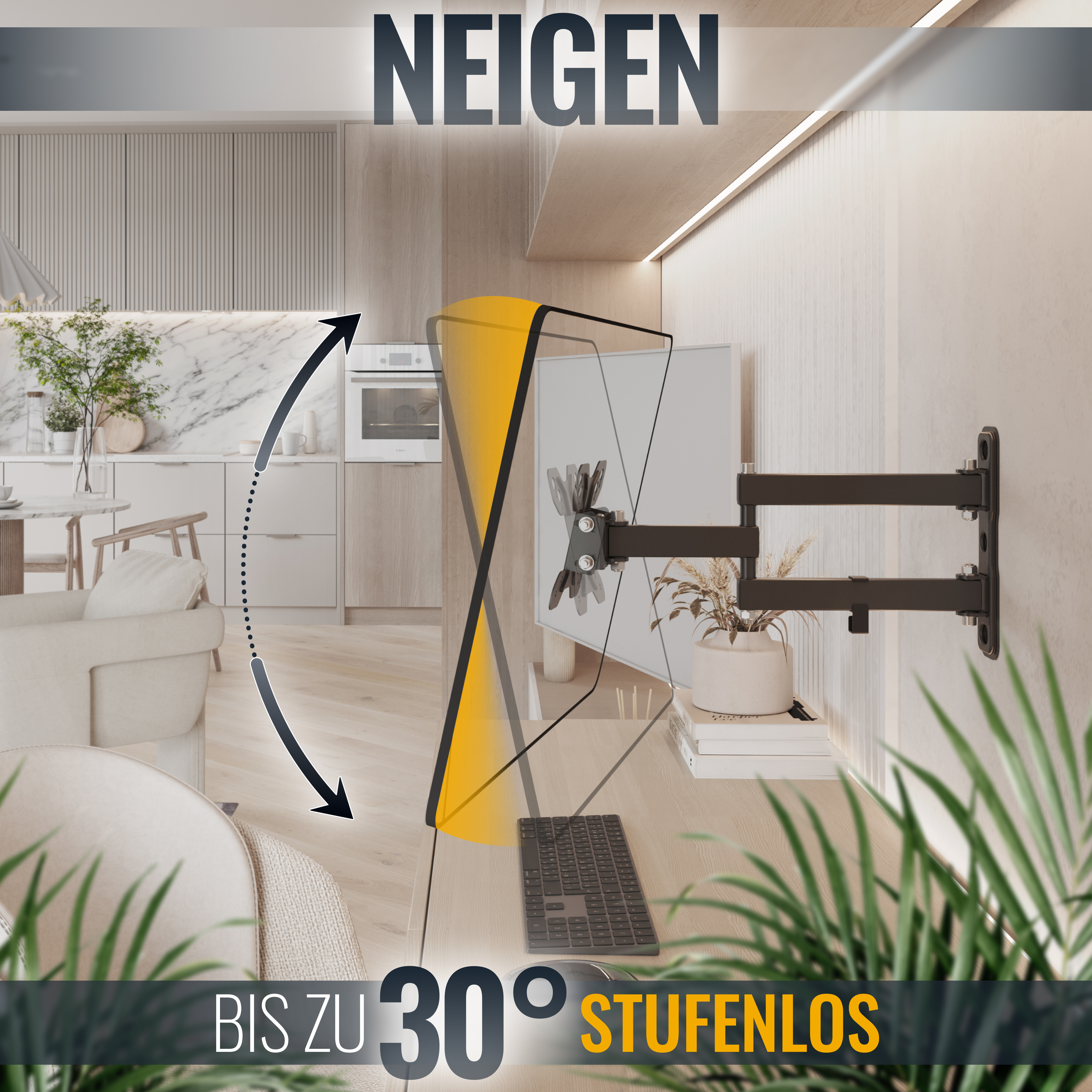 Ein Fernseher an der Wand montiert, abgewinkelt. Text auf Deutsch: Neigen, bis zu 30° stufenlos. Im Hintergrund eine Frau.
