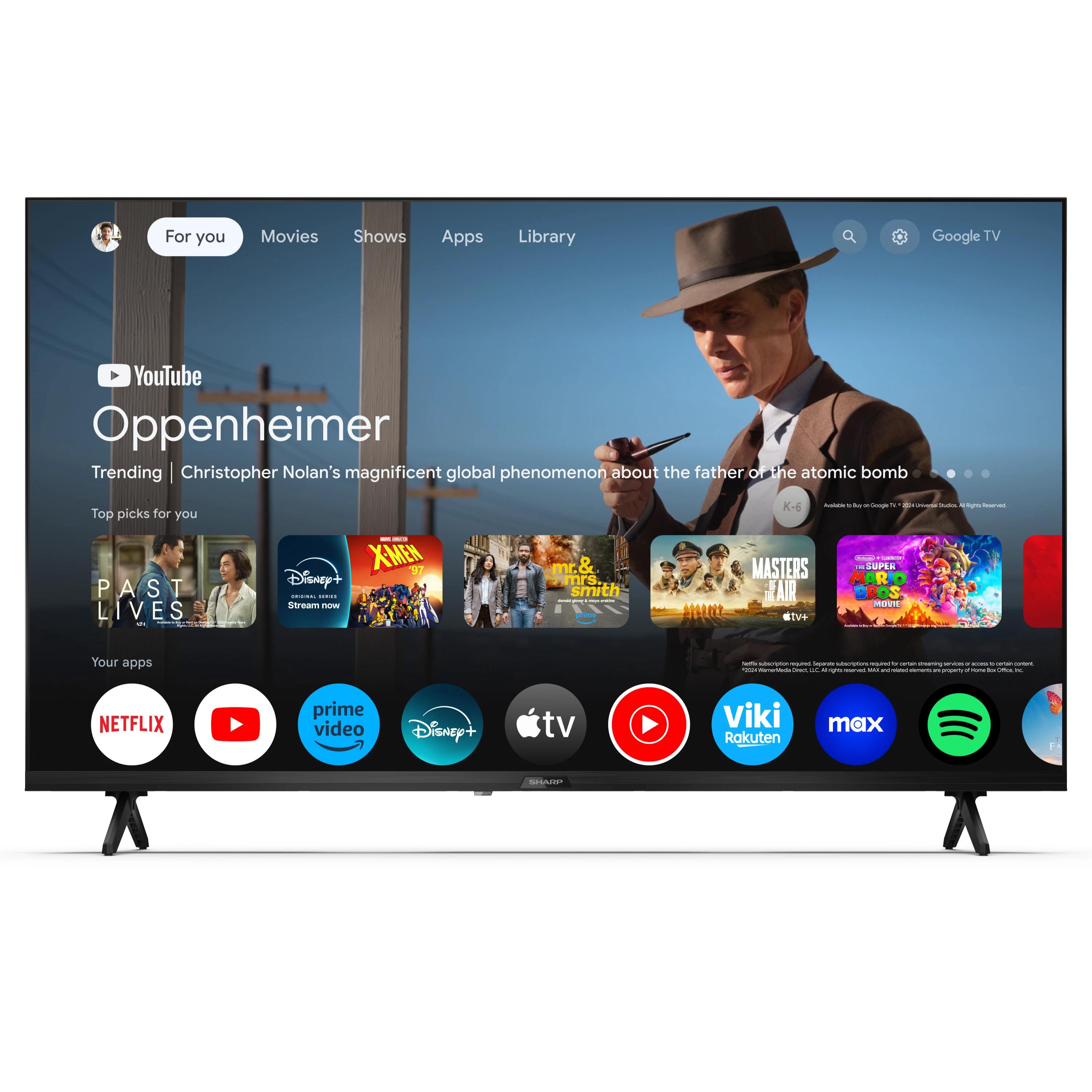 Ekran telewizora wyświetlający plakat filmowy i ikony aplikacji do strumieniowania na białym tle.