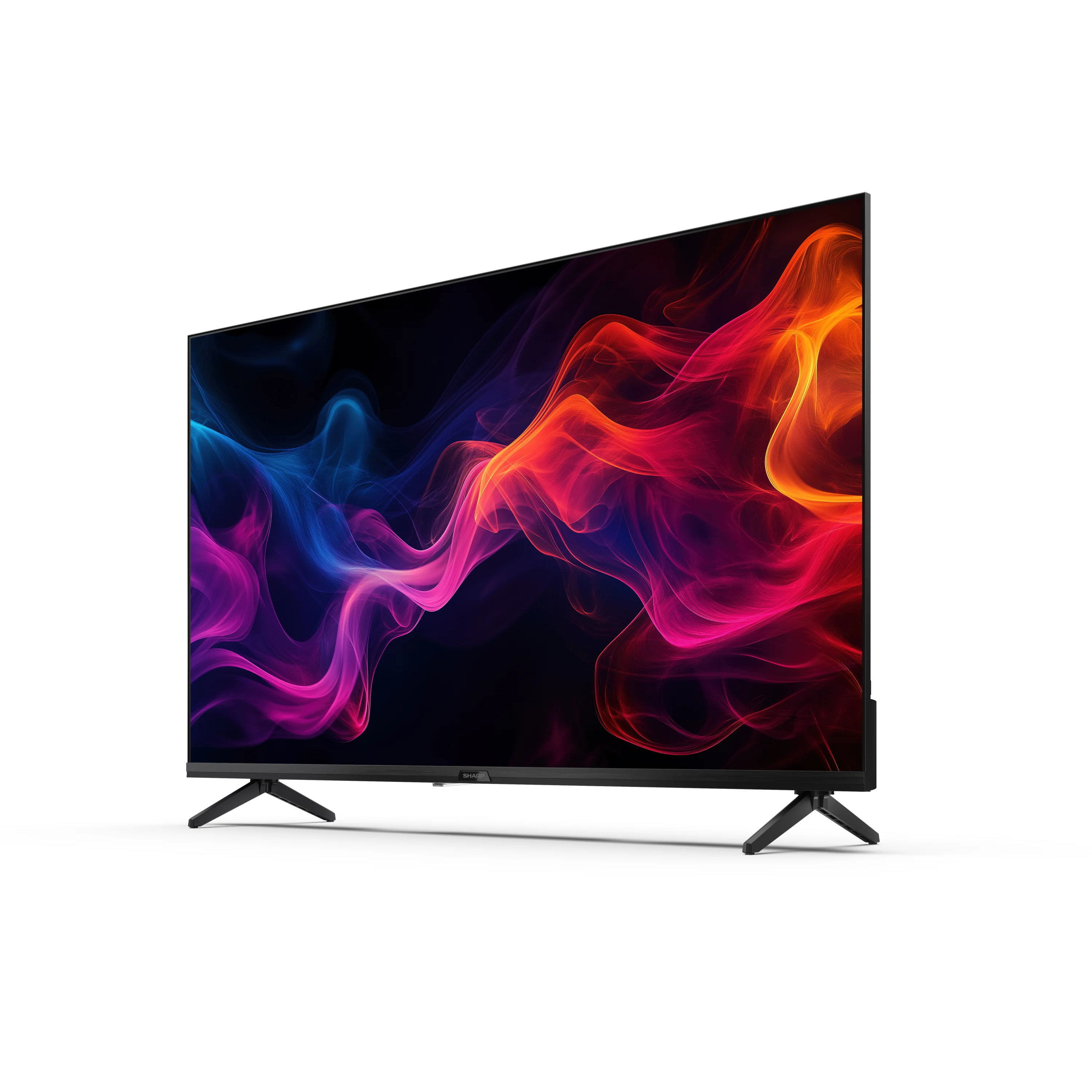 Czarny telewizor na białym tle. Ekran wyświetla kolorowe abstrakcyjne kształty.