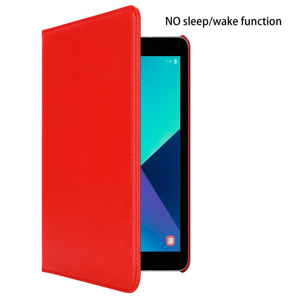 Funda roja para tablet con una tablet dentro. La funda abierta muestra la pantalla.