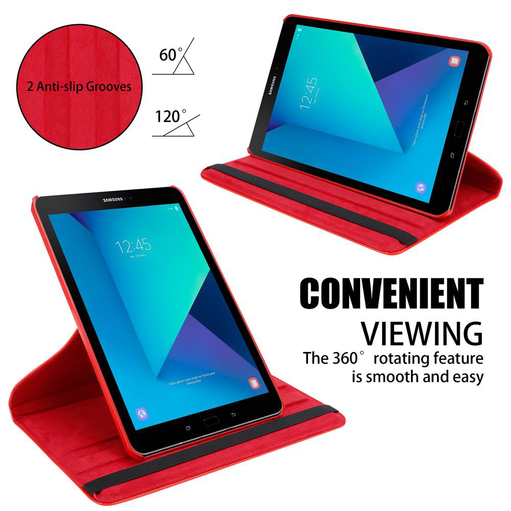 Funda de tableta roja con dos tabletas dentro. La funda se puede usar como soporte, el ángulo mostrado.