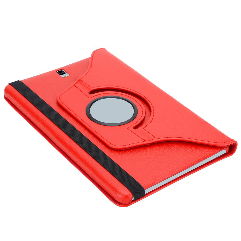 Funda roja para tableta con correa negra y un recorte redondo sobre fondo blanco.