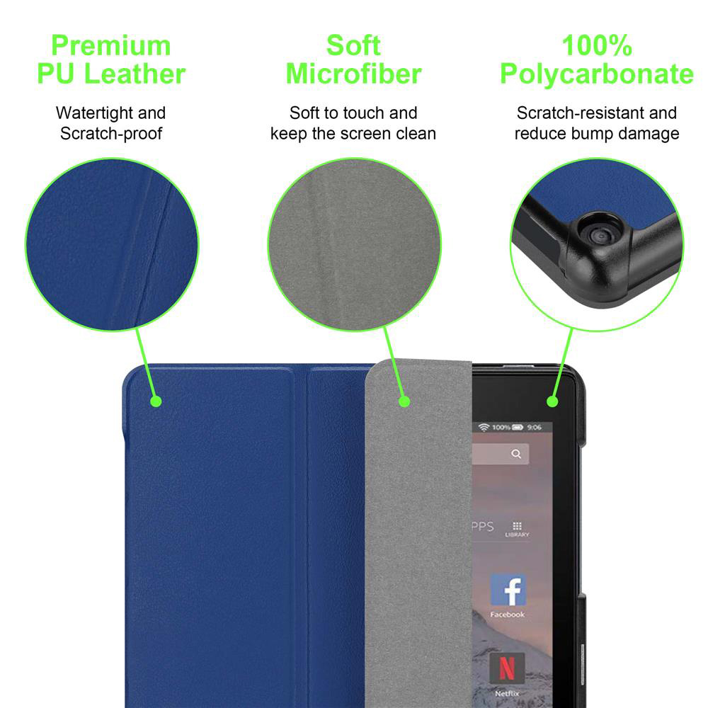 Nahaufnahmen einer blauen Tablethülle mit PU-Leder, Mikrofaser und Polycarbonat.