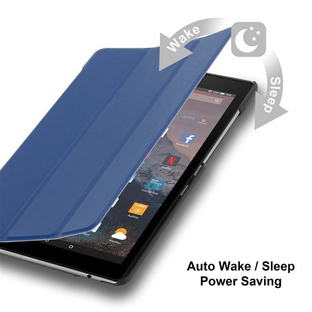 Tablet mit geöffneter blauer Hülle, zeigt Apps-Bildschirm. Text: 'Auto Wake/Sleep Power Saving'.