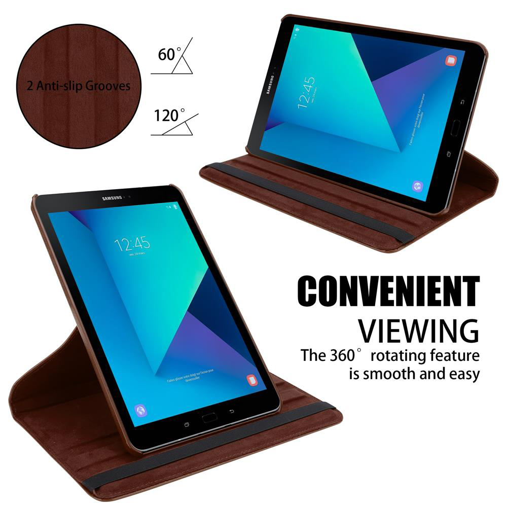 Tableta en una funda marrón, mostrada en diferentes ángulos. Texto: 'Visualización conveniente'.