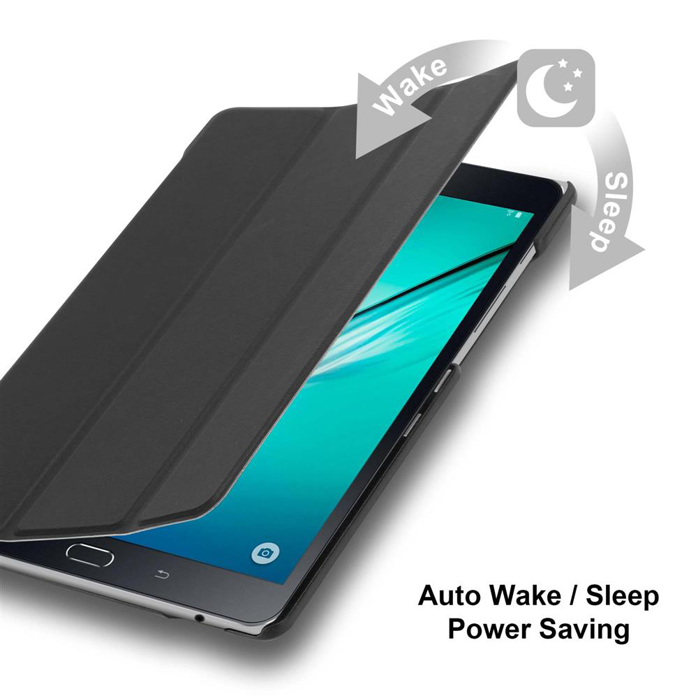 Ein schwarzes Tablet mit geöffneter Hülle, das einen blauen Bildschirm zeigt, mit Pfeilen für Wake/Sleep.