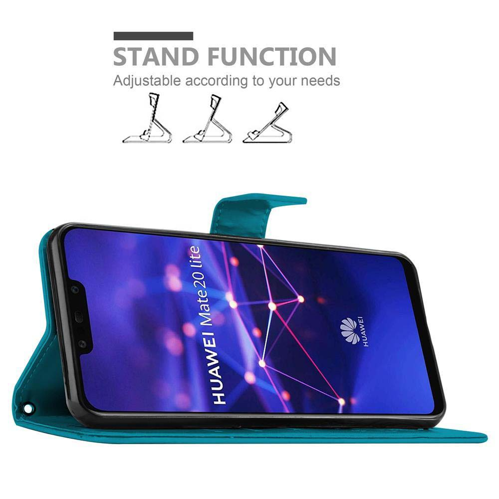 Telefono in custodia verde acqua, che mostra lo schermo. Testo sulla funzione stand.