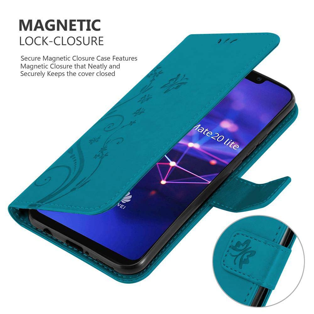 Una custodia per telefono verde acqua con un motivo floreale e un telefono con lo schermo aperto. Il telefono è verde acqua e nero.