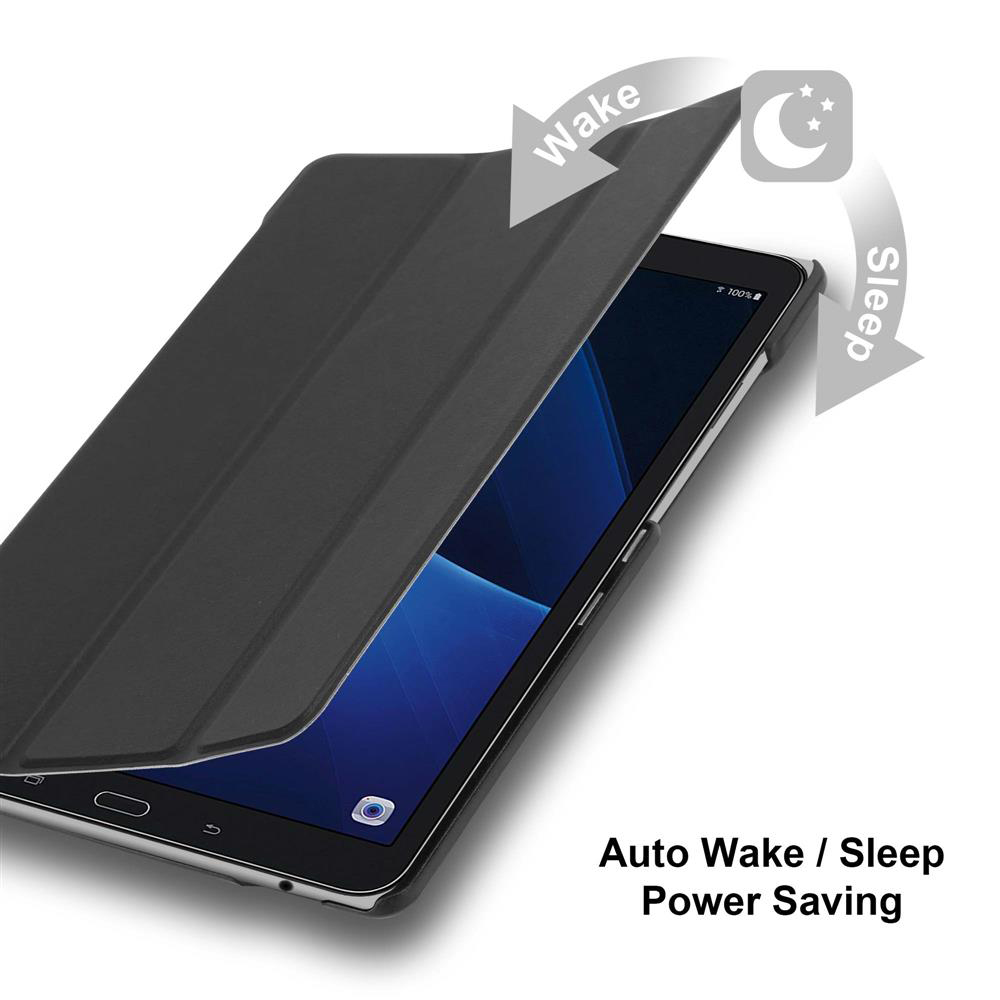 Tablet mit schwarzer Hülle und Text zum automatischen Aufwachen/Schlafen, Energiesparen.