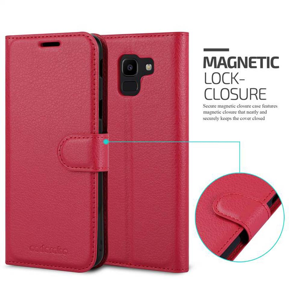 Custodia per telefono in pelle rossa, chiusa, con chiusura magnetica. Immagine piccola mostra il dettaglio.