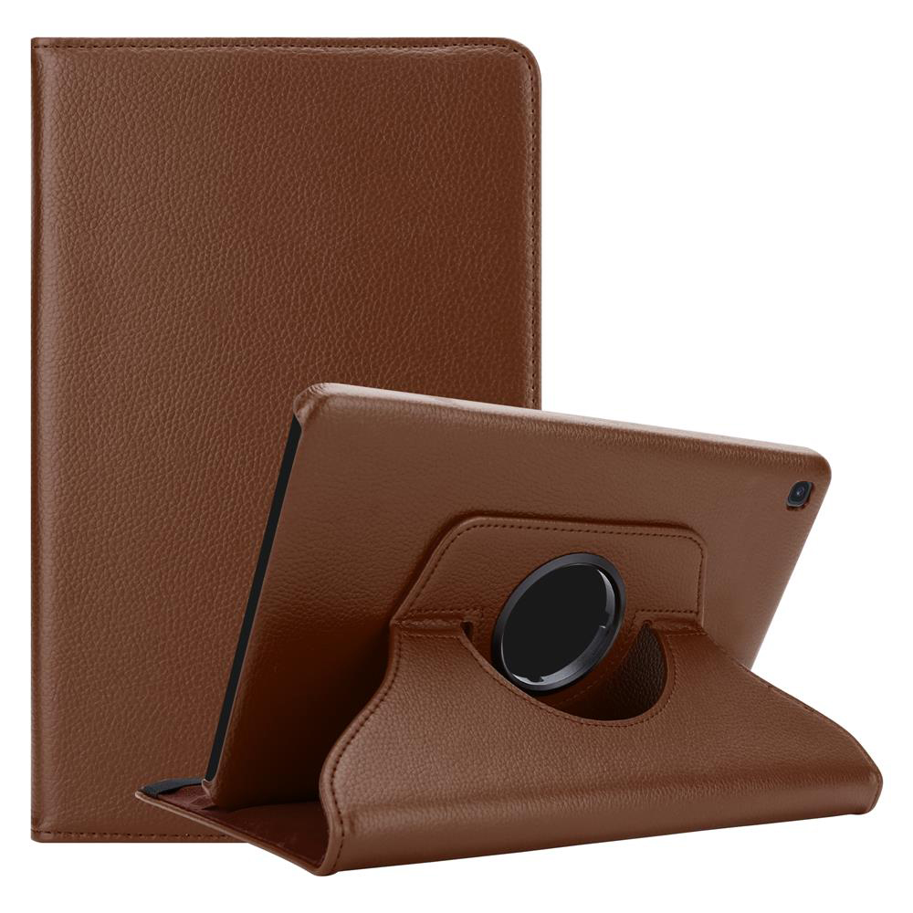 Eine braune Leder-Tablethülle mit Tablet darin, kann als Ständer verwendet werden.