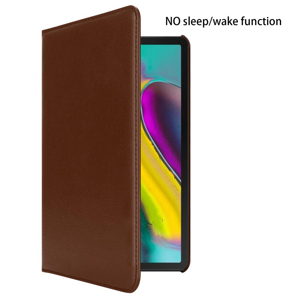 Braune Leder-Tablettasche, teilweise geöffnet, zeigt den Bildschirm des Tablets. Text: keine Sleep/Wake-Funktion.
