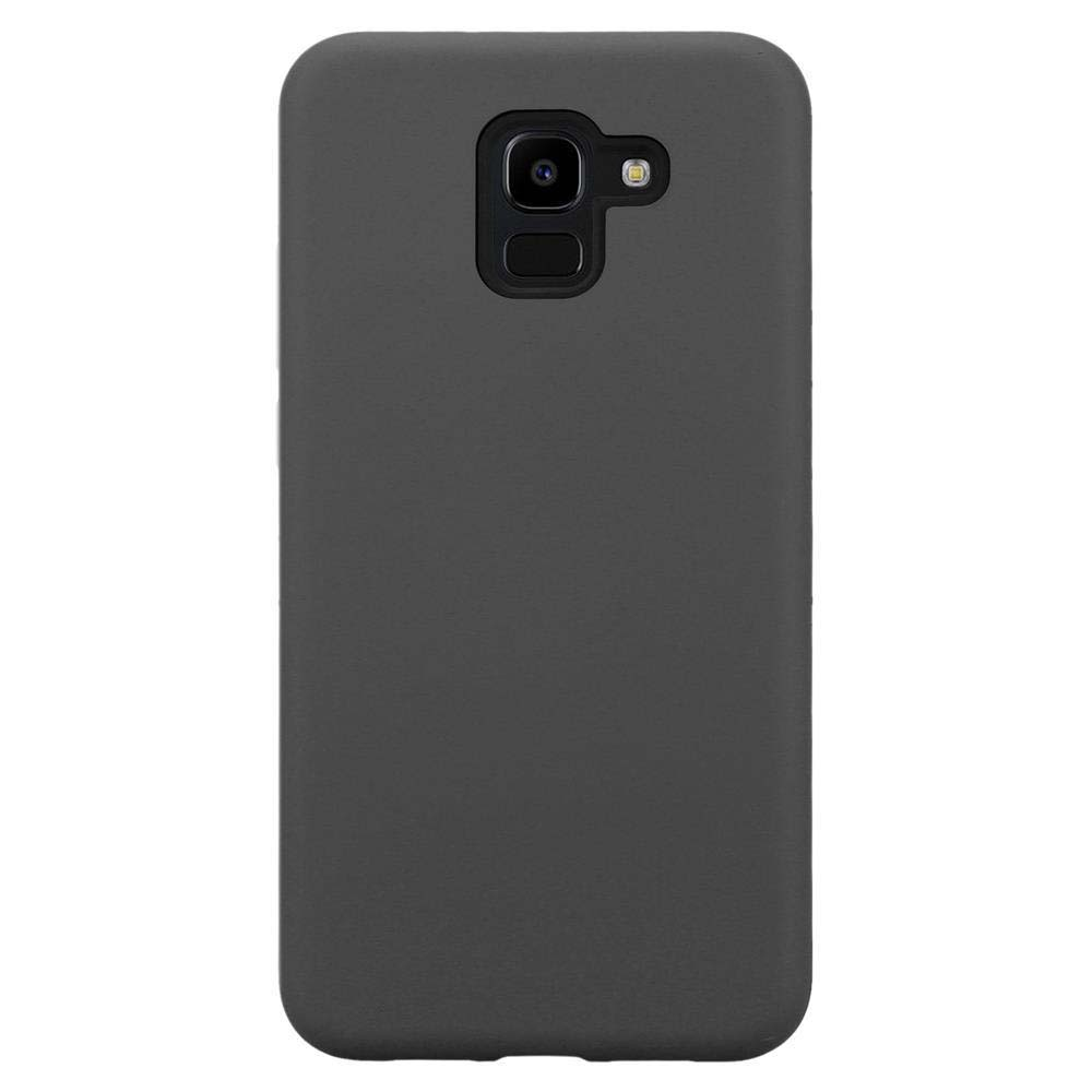 Una custodia per telefono nera, con un foro per la fotocamera aperto, su sfondo bianco.