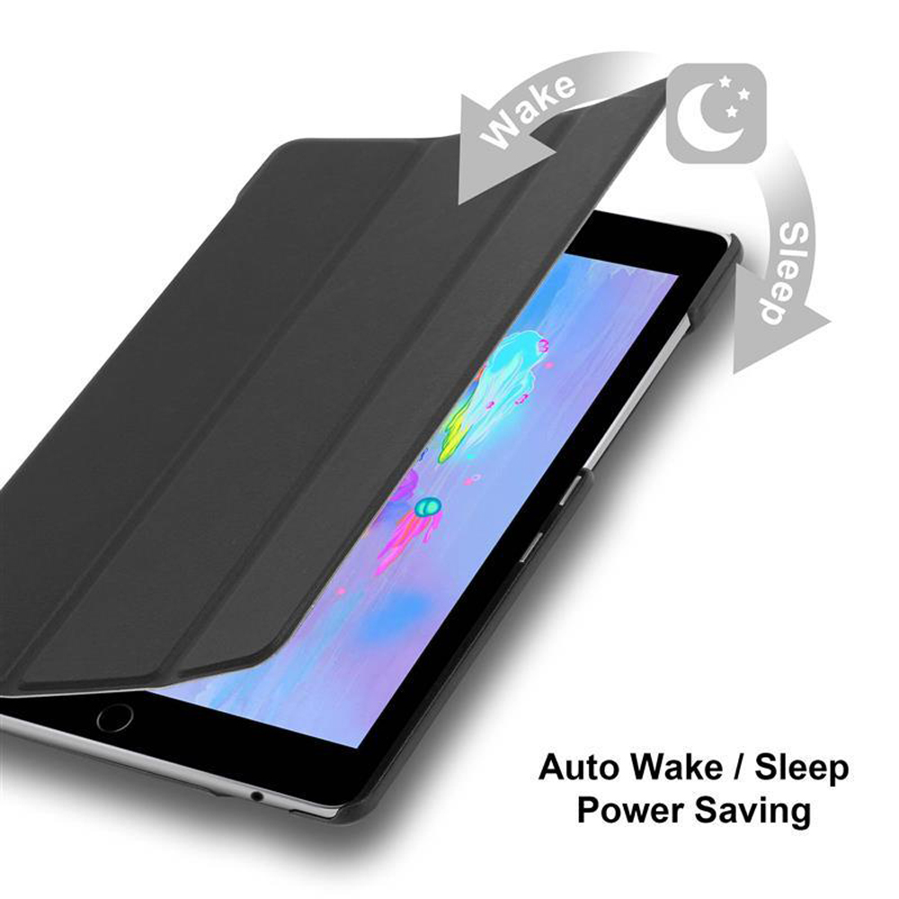 Geöffnete schwarze Tablet-Hülle, Bildschirm sichtbar. Text zeigt Wake/Sleep-Funktion.