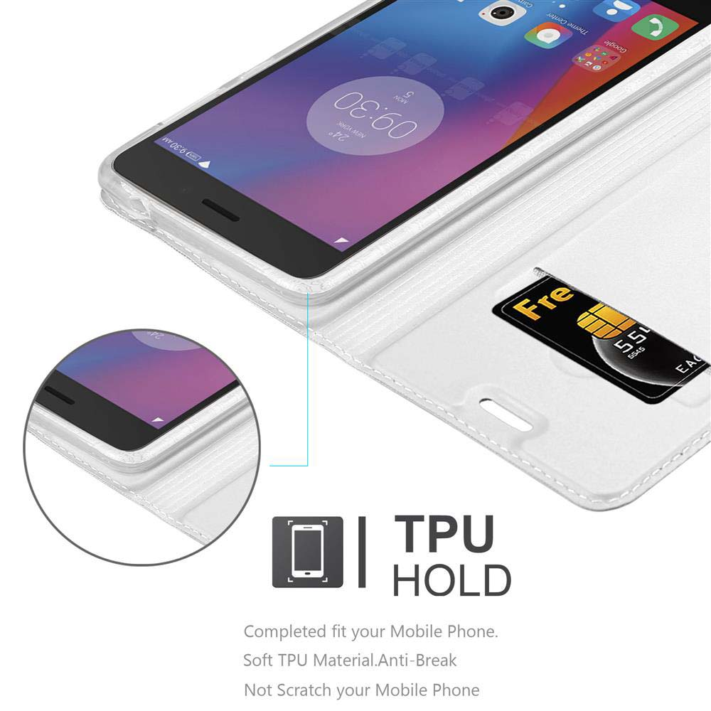 Telefon in weißem Gehäuse, Bildschirm zeigt Zeit. Eine SIM-Karte befindet sich im Gehäuse.