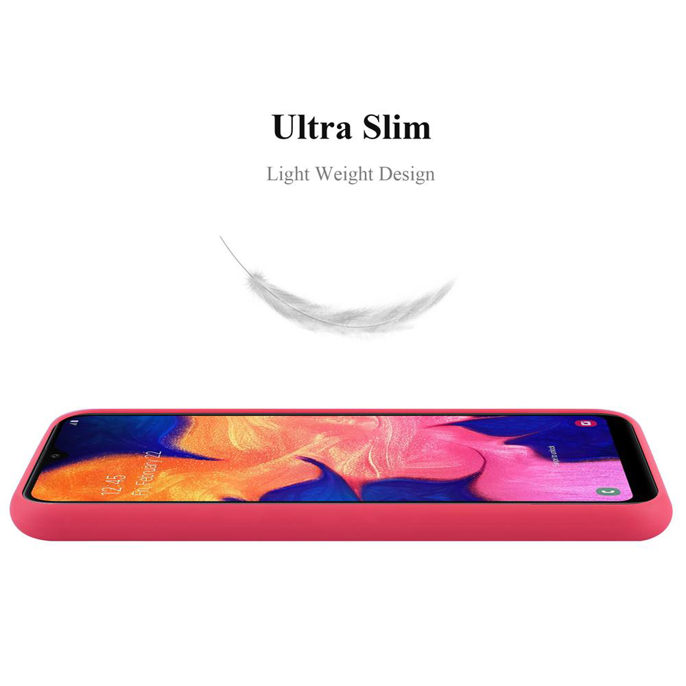 Eine rote Handyhülle auf weißem Hintergrund mit dem Text "Ultra Slim" und einer Feder.
