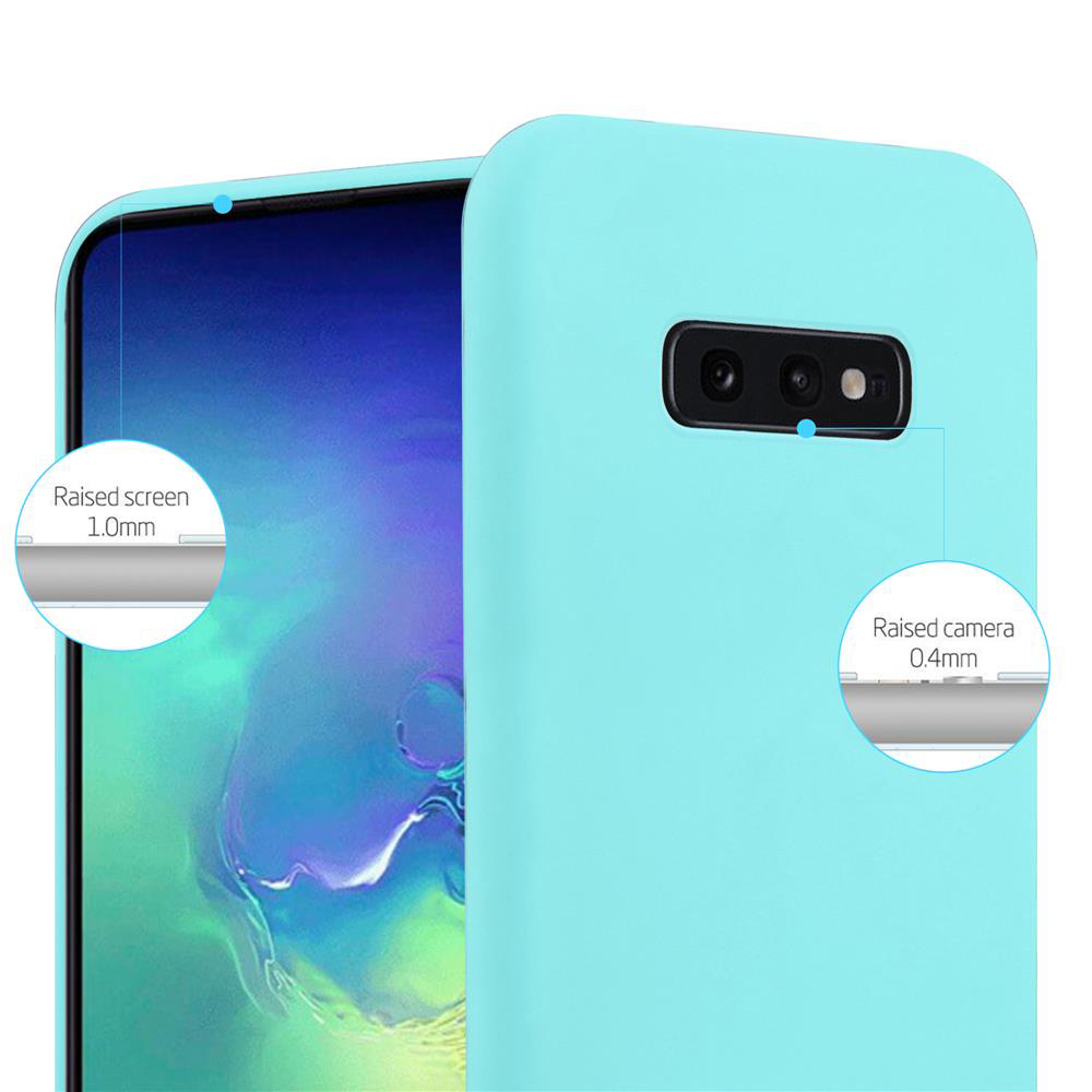 Una custodia per telefono azzurra con schermo e fotocamera rialzati. Il testo indica le misure.