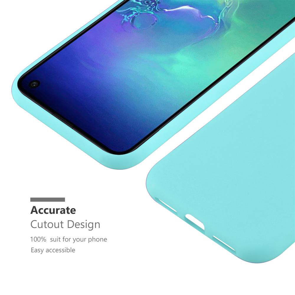 Custodia per telefono azzurra, primo piano. La custodia circonda lo schermo del telefono. Testo: Design con ritaglio preciso.