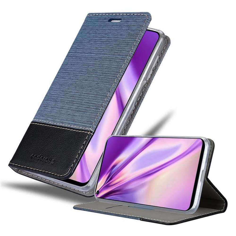 Handyhülle, blaue Jeans-Abdeckung, schwarzer Lederboden. Telefon innen, Bildschirm mit lila Verlauf.