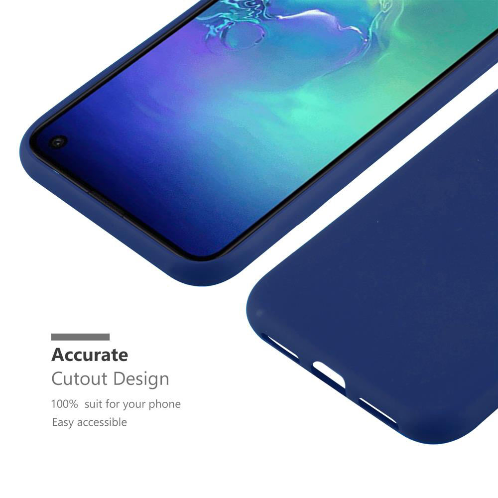 Custodia blu per telefono con un telefono dentro. La custodia ha un design ritagliato.