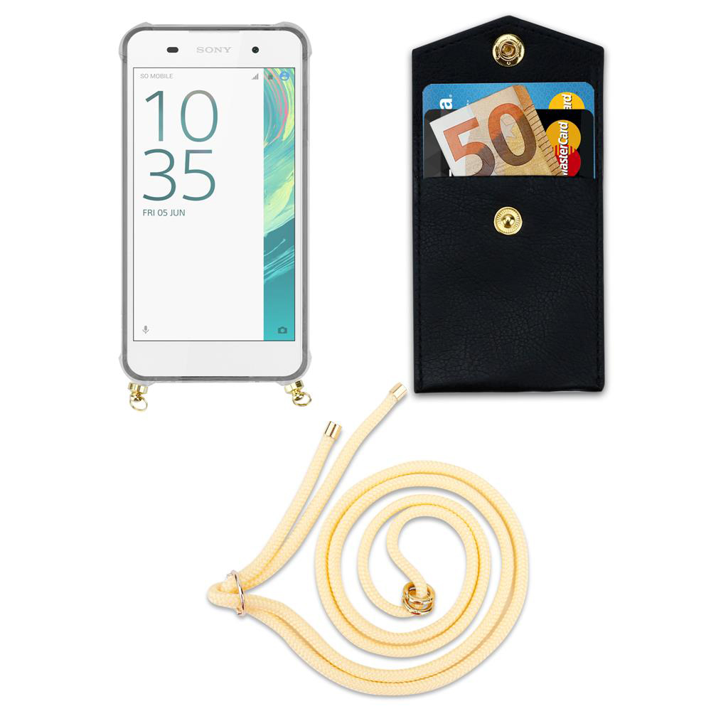 Ein Telefon mit Hülle und Lanyard. Die Hülle hat einen Kartenhalter.