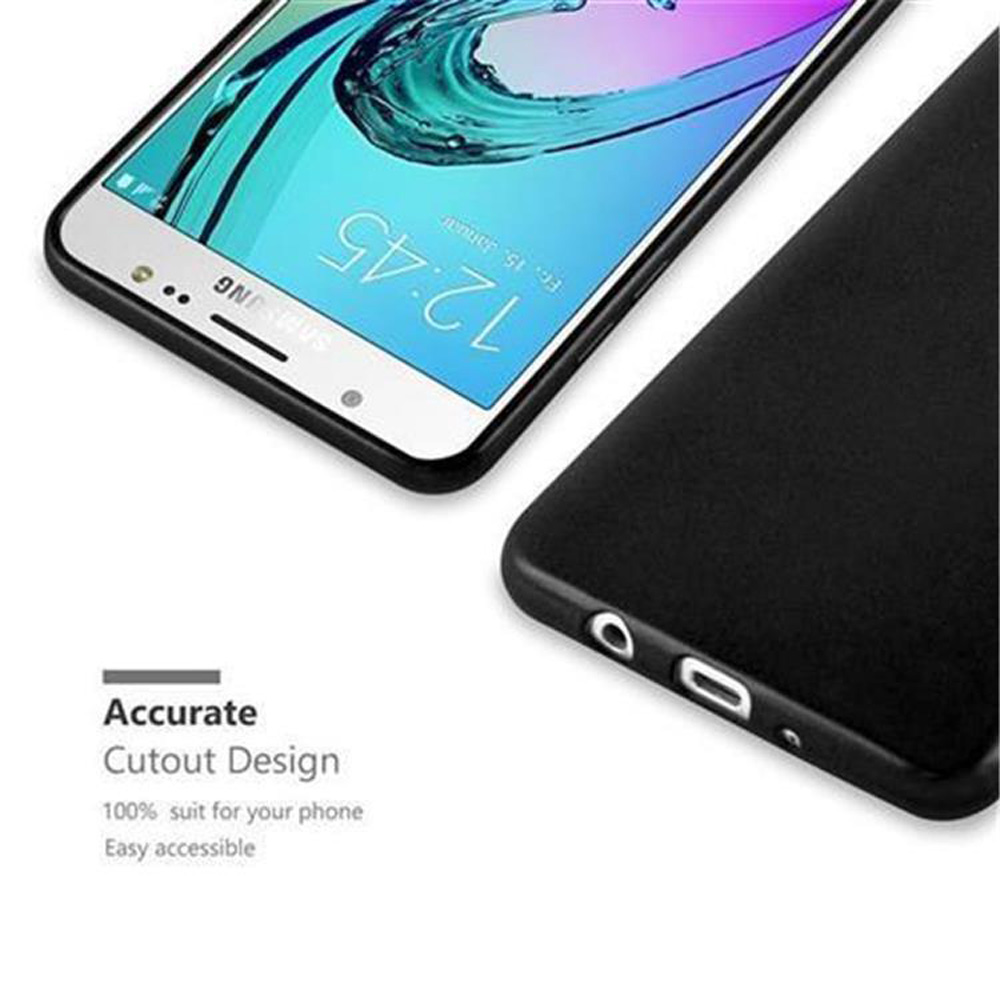 Ein Samsung-Telefon mit schwarzer Hülle. Text: Accurate Cutout Design, 100 % passend für Ihr Telefon.