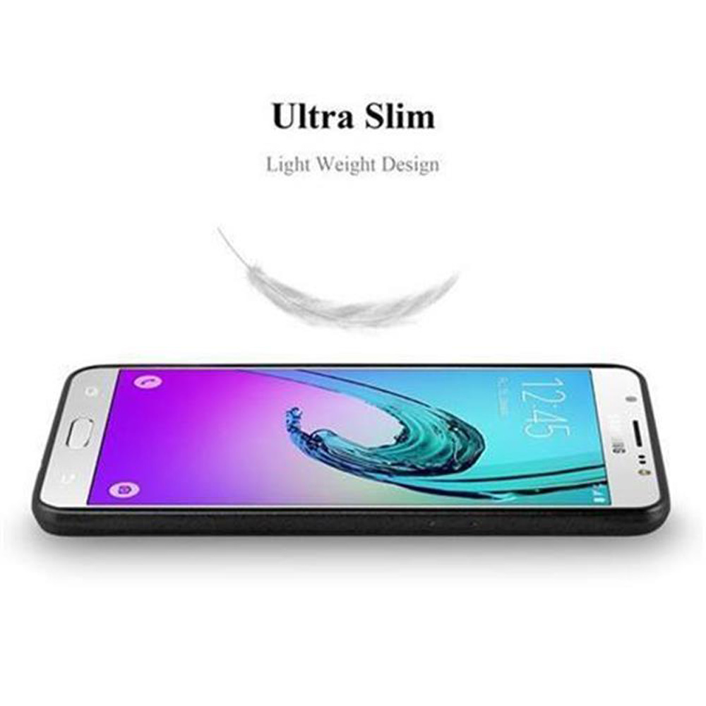 Schwarzes Telefon mit Hülle, Bildschirm zeigt Zeit. Weißer Hintergrund, Federgrafik darüber.