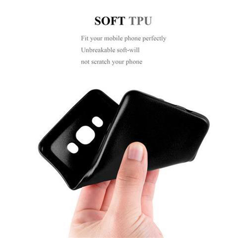 Schwarze Handyhülle. Zwei Hüllen auf weißem Hintergrund. Text: SOFT TPU.