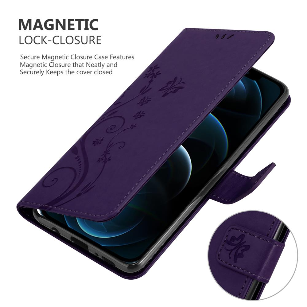 Custodia per telefono viola con design floreale. La custodia è aperta, rivelando il telefono. Dettaglio di chiusura magnetica.