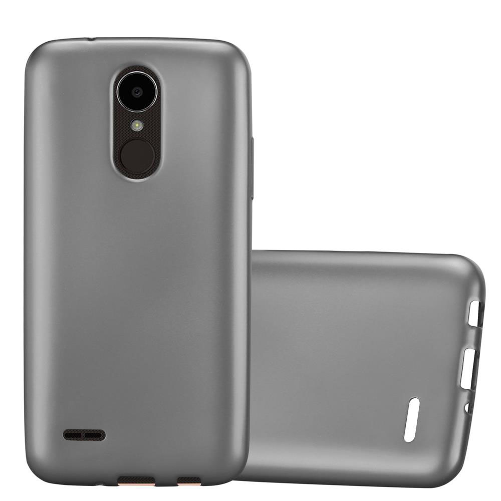 Funda gris para teléfono, con teléfono dentro, sobre fondo blanco.
