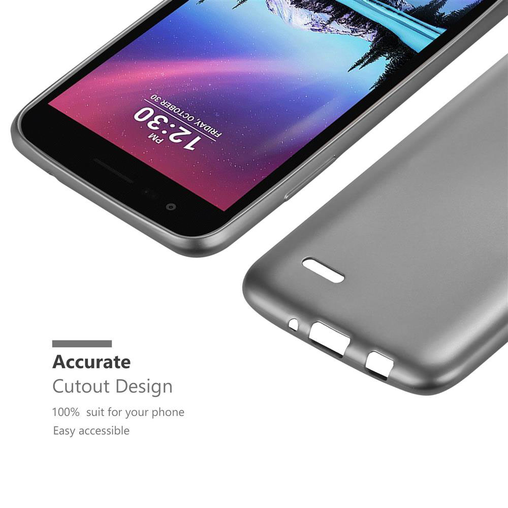 Funda de teléfono plateada con un teléfono gris dentro. Diseño de recorte preciso.
