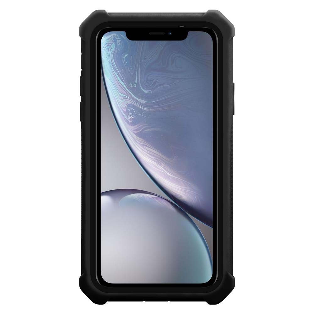 Schwarzes Telefon in Schutzhülle. Bildschirm zeigt Nahaufnahme eines verschwommenen Hintergrunds.