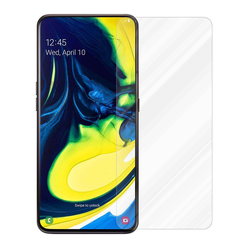 Schermo del telefono con ora e data e una protezione per lo schermo. Visualizza uno schermo con un design blu e giallo.