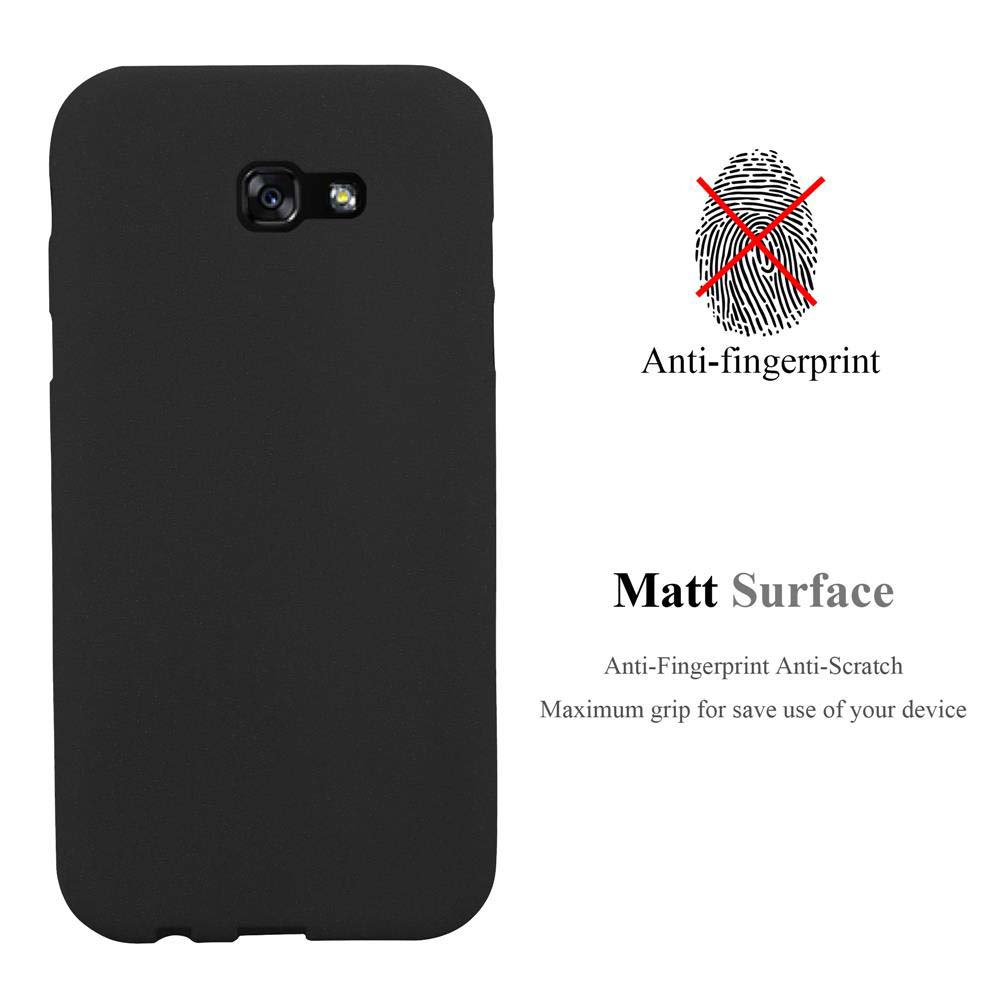 Funda de teléfono negra. El texto dice 'Anti-huellas' y 'Superficie mate'. Una huella dactilar está tachada.
