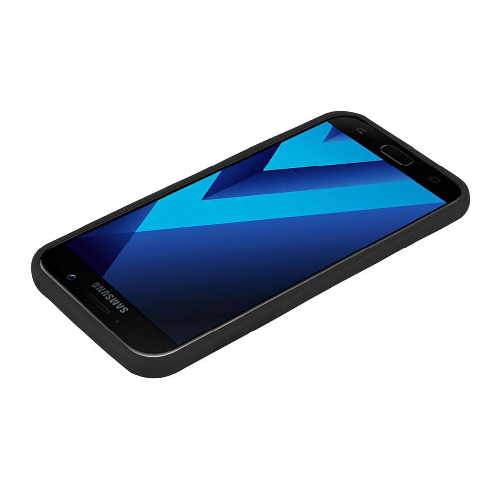 Teléfono negro dentro de una funda negra. La pantalla muestra un fondo azul. El teléfono está en diagonal.