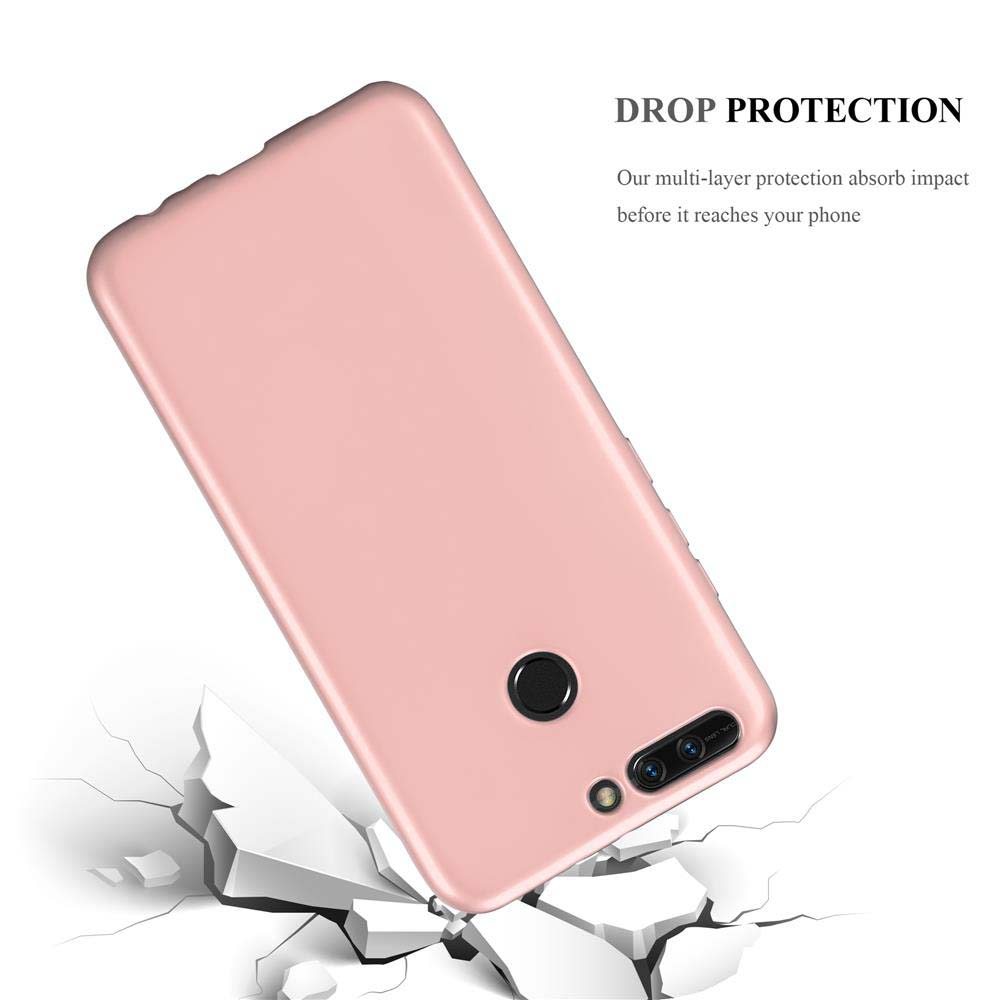 Eine rosa Handyhülle auf weißem Grund, die einen zerbrochenen Boden mit leicht geneigtem Telefon zeigt.