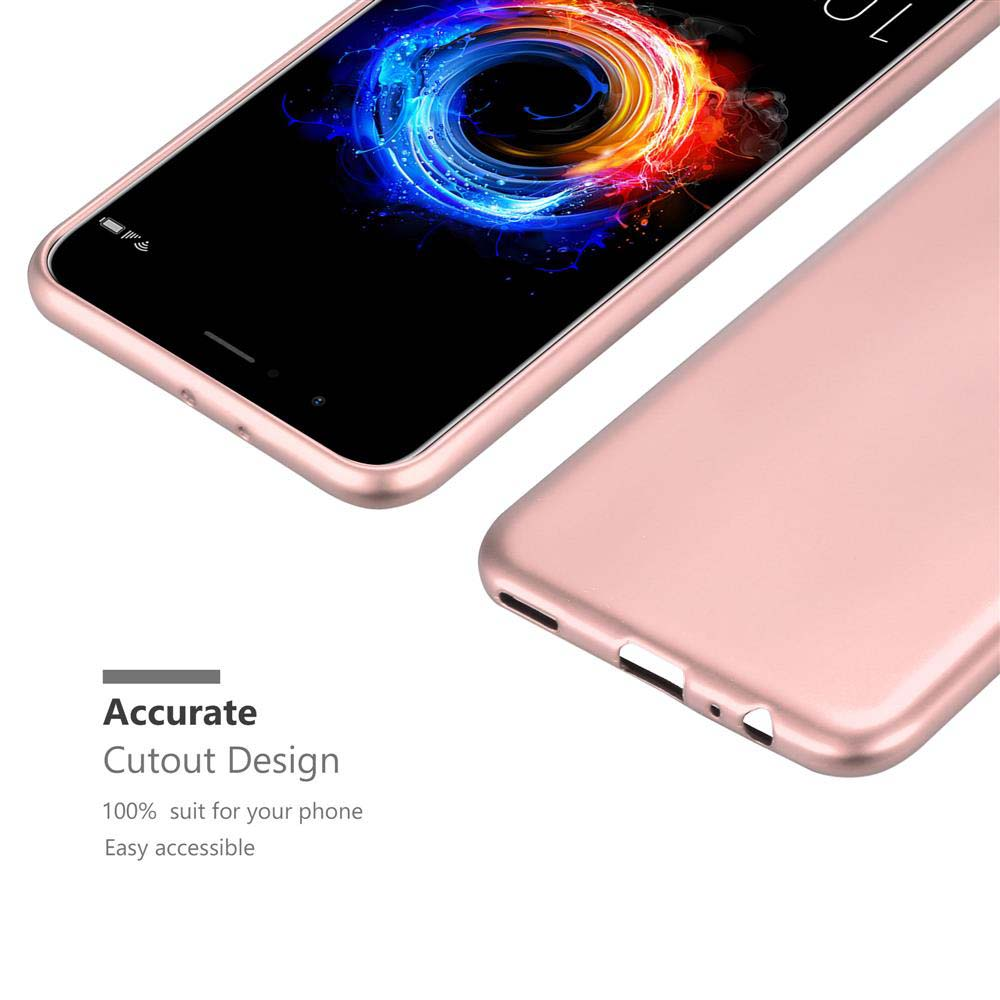 Roségoldene Handyhülle und Telefon. Hülle mit Ausschnitt. Weißer Hintergrund.