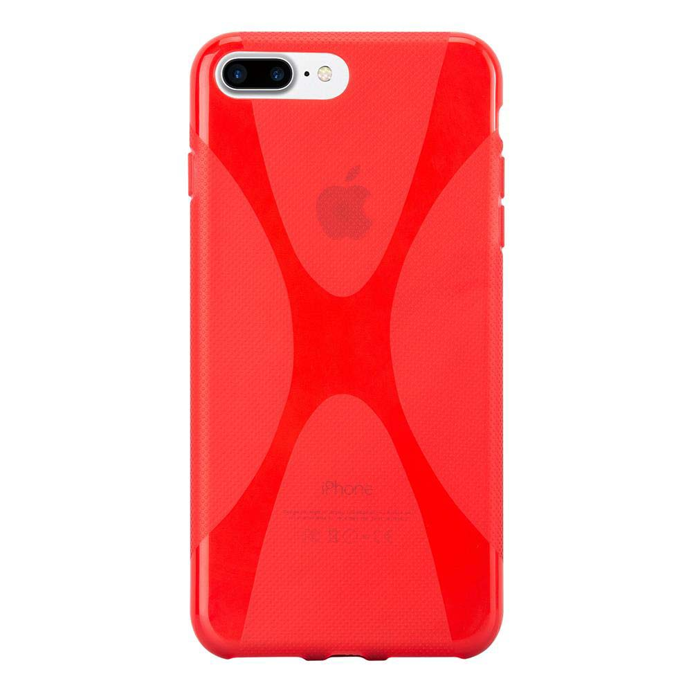 Una funda roja para iPhone con el logotipo de Apple sobre fondo blanco.